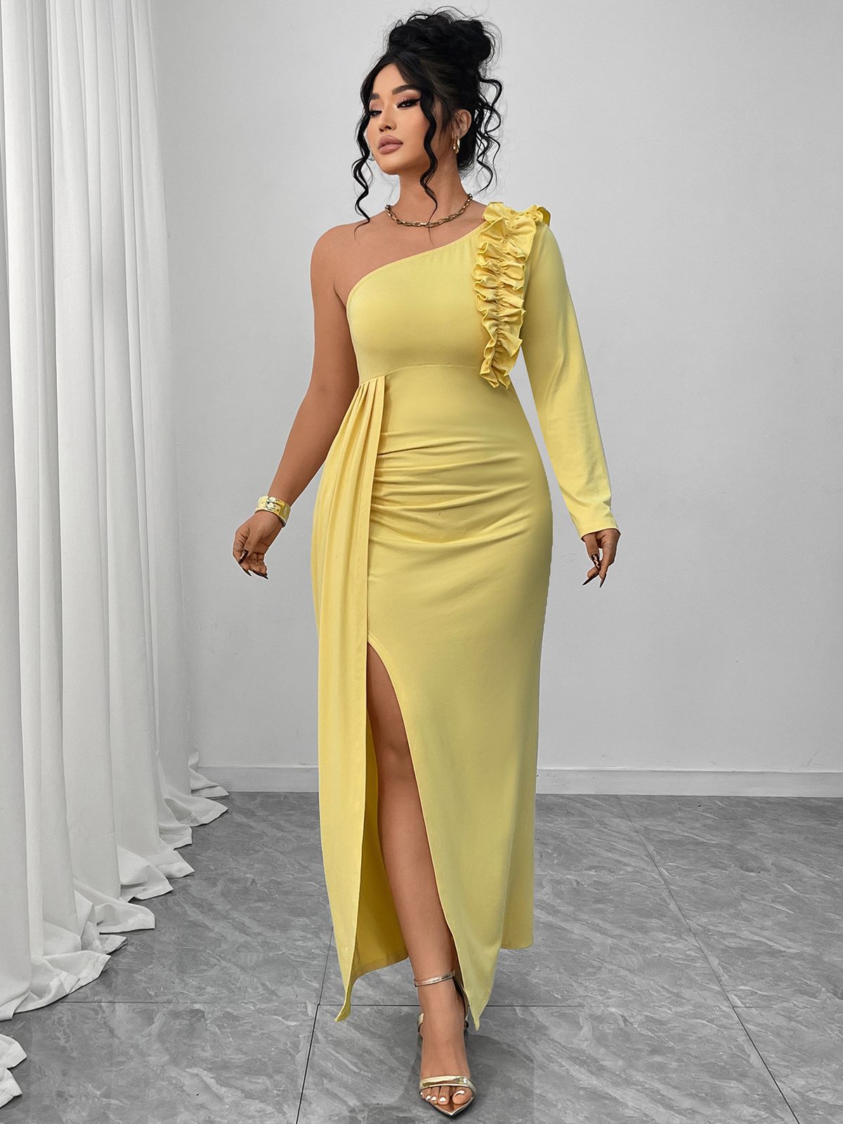 Women's Clothing Plus Size Clothes "Elegant One-Shoulder Yellow Evening Gown – Ruffled High-Slit Long Dress For Women, Sexy & Glamorous"_ecoleips.com