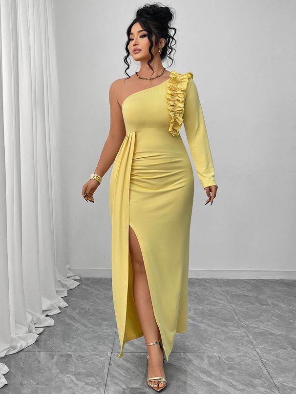 Women's Clothing Plus Size Clothes "Elegant One-Shoulder Yellow Evening Gown – Ruffled High-Slit Long Dress For Women, Sexy & Glamorous"_ecoleips.com