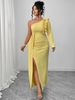 Women's Clothing Plus Size Clothes "Elegant One-Shoulder Yellow Evening Gown – Ruffled High-Slit Long Dress For Women, Sexy & Glamorous"_ecoleips.com