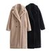 Women's Fleece Lined Double Breasted Trench Coat - Oversized Long Coat With Button Detail (Black/Dark Khaki)_ecoleips.com