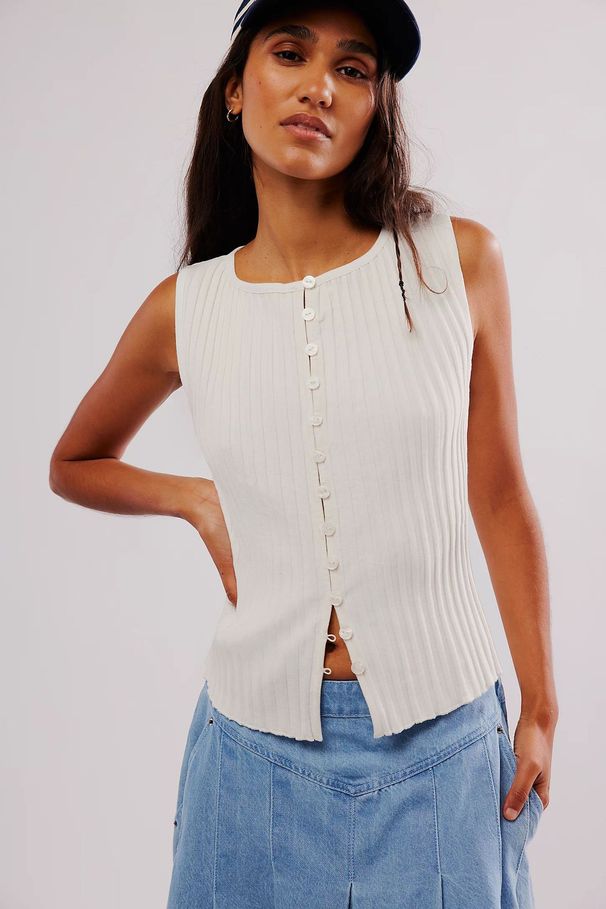 Aria Basics Aria Basics 2025 European And American Cross-border New Fashion Women's Tops, Ribbed Button-up Sleeveless Knitted Cardigan_ecoleips.com