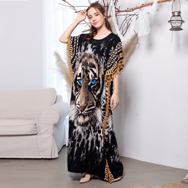 Cross-border Plus-size Muslim Women's Middle Eastern Printed Dress, Short-sleeved Islamic Loose-fitting Long Robe_ecoleips.com