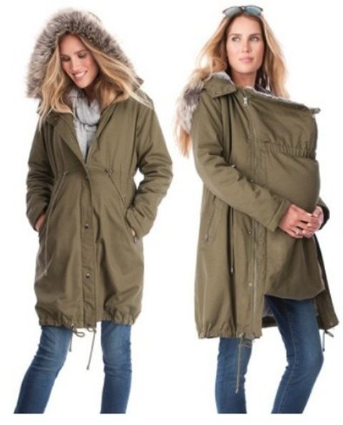 Stylish Maternity Hooded Parka With Detachable Faux Fur Trim, Long Sleeve Warm Coat For Pregnancy & Nursing, Multi-Functional Winter Jacket_ecoleips.com