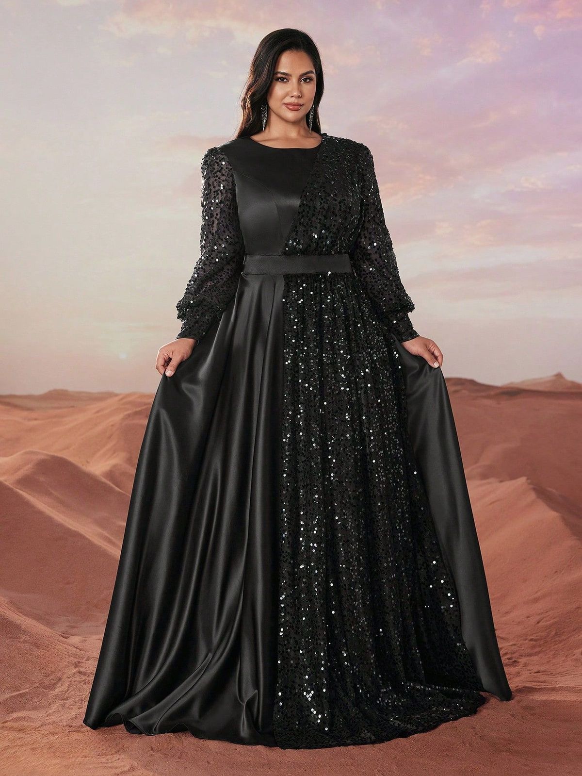 Women's plus Size Formal Evening Dress Elegant Sequined Satin Lantern Sleeve round Neck FSSL6225_ecoleips.com