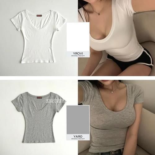 Dongdaemun GW106yi Women's Sexy Deep V Neck Short Sleeve T-Shirt Comfortable Tight Fit Essential Top_ecoleips.com