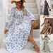 Women's Clothing Printing Fashion All Match V Neck Long Sleeved Big Swing Dress_ecoleips.com