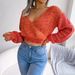 Ins Style Autumn Winter Colorful Cross V-neck Lantern Sleeve Cropped Sweater Women's Fashion_ecoleips.com