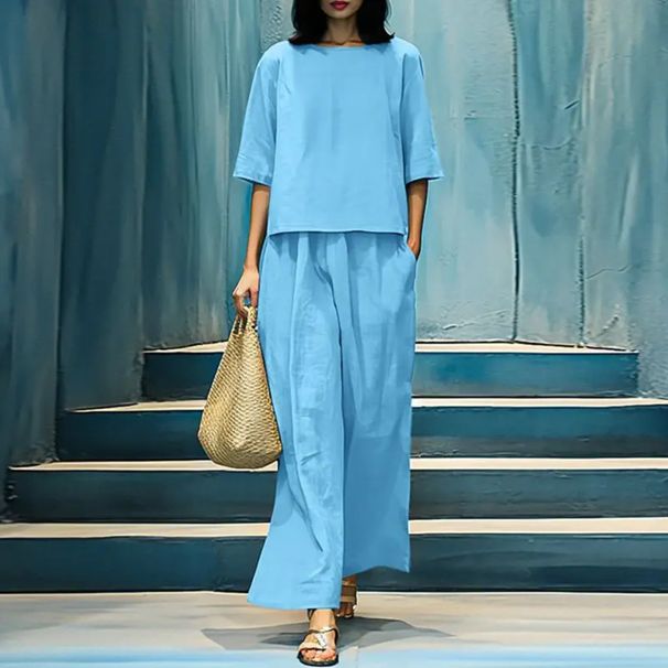 Women's Clothing Summer New Casual Round Neck Five Point Sleeve Top Wide Leg Trousers Fashion Suit Female_ecoleips.com