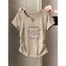Women's V-Neck Slim-Fit Cotton T-Shirt – Tailored Waist, Minimalist Letter Print, Summer Essential In Neutral Tones_ecoleips.com