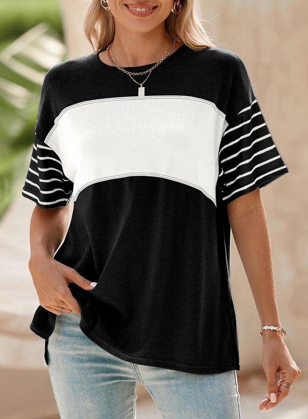 Women's Casual Striped Color Block T-Shirt Round Neck Pullover Short Sleeve Spring/Summer New Fashion European American Style_ecoleips.com