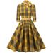 Autumn/Winter Grid-Print High-Collared Green Dress With Seven-Quarter Sleeves, Ribbon-Strapped And Butterfly-Button Deta_ecoleips.com