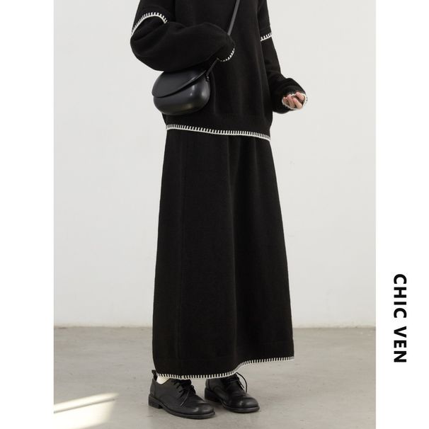 CHICVEN Spring New Arrival: Casual Relaxed Round Neck Sweater With Contrast Trim And Knitted Skirt Set For Women_ecoleips.com