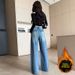 Women's Clothing Versatile Rhinestone Straight Leg Wide Leg Jeans Petite Regular Thickness Polyester Solid Pattern England Style Fashion_ecoleips.com