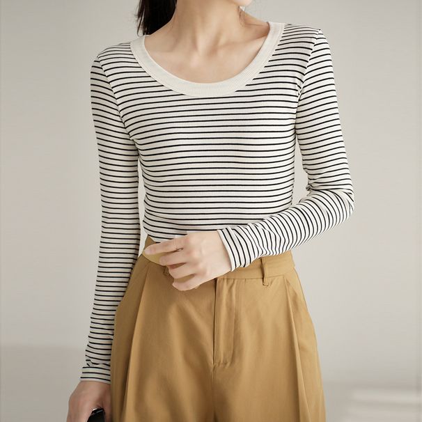 2025 High Quality Pure Cotton T-Shirt Women's Long Sleeved Striped Base Shirt 2025 Autumn New Round Neck Slim Fit Versatile_ecoleips.com