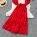 Women's French Style Red Ruffled Bell Sleeve V Neck Blouse And High Waisted Skirt Set Resort Inspired Two Piece Perfect For Autumn_ecoleips.com
