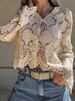 Elegant Lace Crochet V-Neck Knit Top For Women - Breathable Cotton Blend Openwork Blouse With Single Button Closure_ecoleips.com