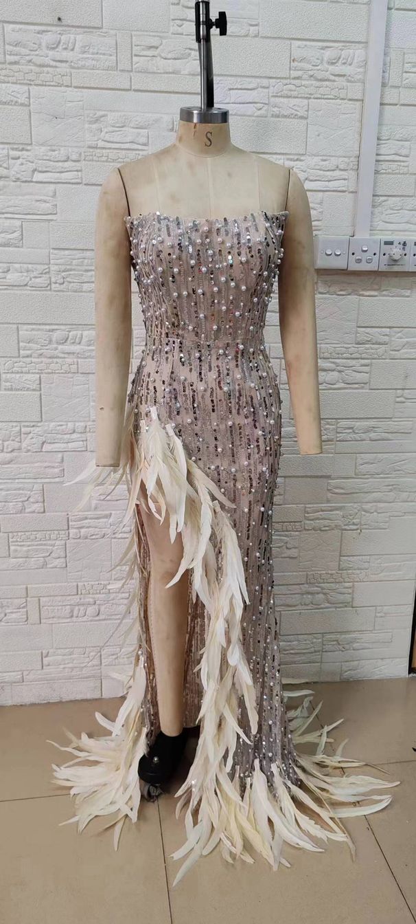Women's Clothing Elegant And Sexy One Shoulder Beaded Tube Top Sequined Irregular Long Slit Dress_ecoleips.com