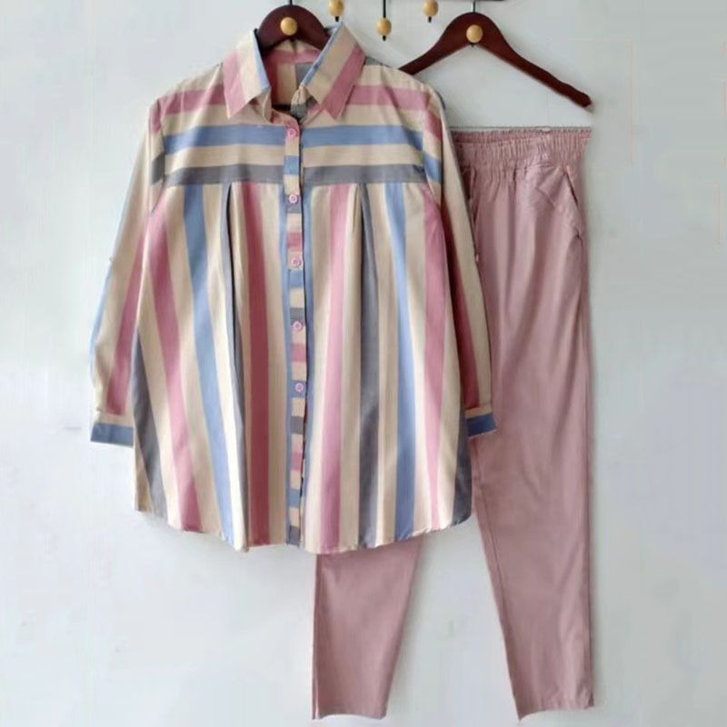 Women's Spring And Autumn Large Size Loose Fat MM Striped Collar Long-sleeved Fashion Sports Suit Two-piece Suit_ecoleips.com