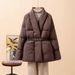 Elegant Winter Down Coat For Women With Belt, Loose Fit Long Puffer Jacket, V-Neck Quilted Outerwear In Black, Beige & Brown_ecoleips.com