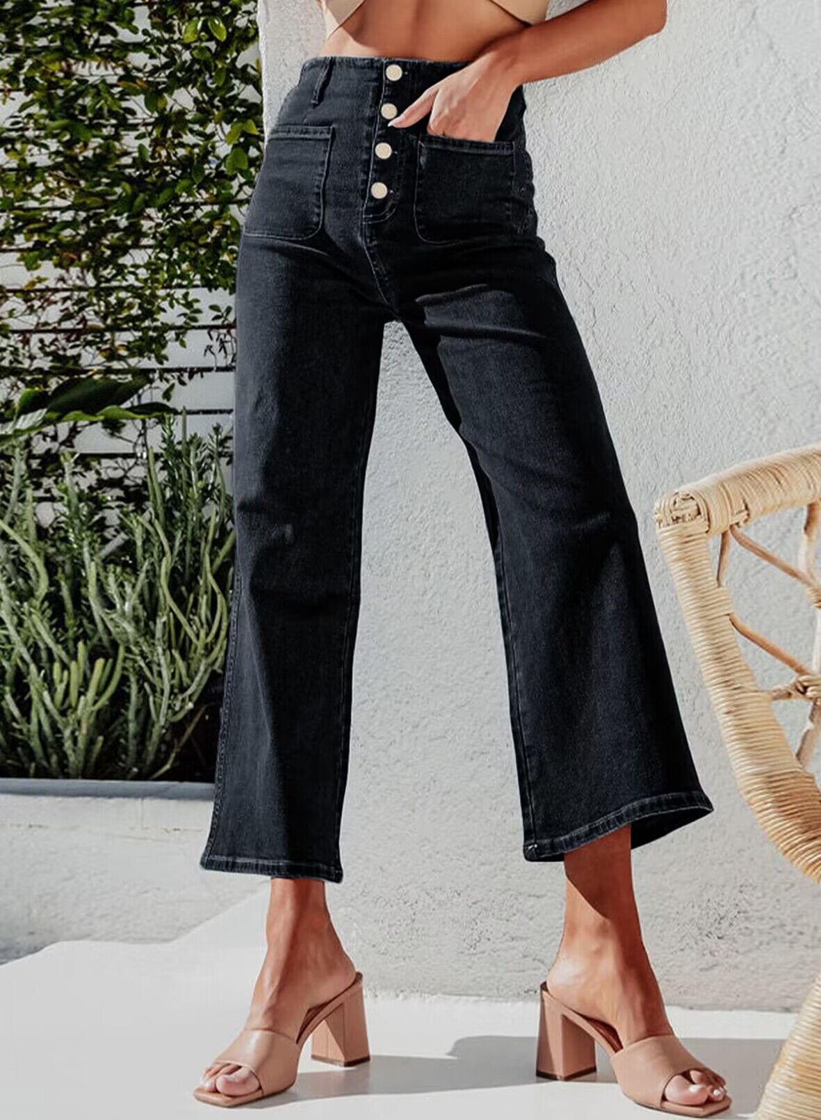 Retro High-Waisted Wide-Leg Women's Jeans Single-Breasted Loose Straight Leg_ecoleips.com