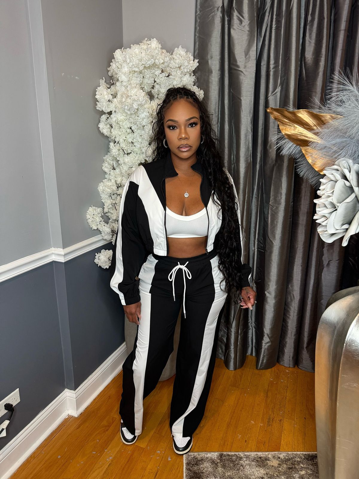 Women's Color Block Zip Up Cardigan And Wide Leg Drawstring Sports Pants Two Piece Set_ecoleips.com