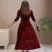 Women's Clothing Elegant Solid Color Jacquard Long Sleeve Square Neck Dress Fashion Plus Size Loose Fit Gold Velvet_ecoleips.com