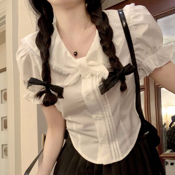 White Bow Short-sleeve Shirt For Women, Summer Slim-fit Doll Collar Blouse With Unique And Distinctive Design, Niche Top_ecoleips.com