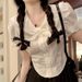 White Bow Short-sleeve Shirt For Women, Summer Slim-fit Doll Collar Blouse With Unique And Distinctive Design, Niche Top_ecoleips.com
