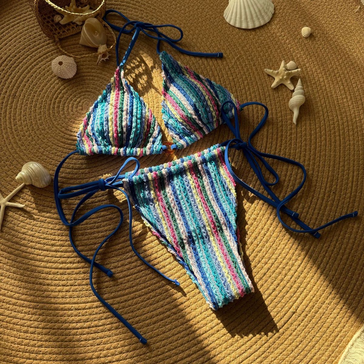 2025 New European And American Color Matching Jacquard Sexy Drawstring Swimsuit Bikini_ecoleips.com