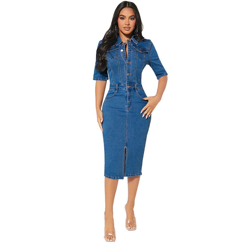 Women's Denim Short Sleeved Collared Bodycon Mid Length Dress_ecoleips.com