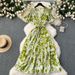 Slimming Design One-Piece V-Neck Tie Waist Short Sleeve Floral For Women Summer Elegant French Style Long Dress_ecoleips.com