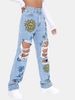 Women's Clothing Fashion Ripped Print Straight High Waist Slim Denim Trousers Versatile Trendy Jeans_ecoleips.com