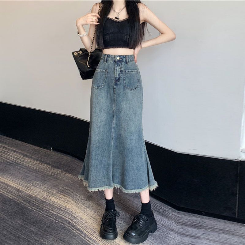 Distressed Denim Mermaid Skirt Women's High Waist A-Line Flared Hem Mid-Length Wrap Skirt For Casual & Office Wear_ecoleips.com