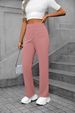 K New Women's High Waisted Pocket Wide Leg Button Casual Loose Straight Leg Pants Long Pants_ecoleips.com