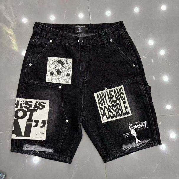 MIXED EMOTION American-style Street Patchwork Ripped Denim Men And Women, Loose Straight-leg Shorts For Summer_ecoleips.com