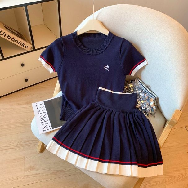 Two-piece Korean-style Round-neck Short-sleeve Knit Top And High-waisted Pleated Skirt Set For Women, New Summer Style_ecoleips.com