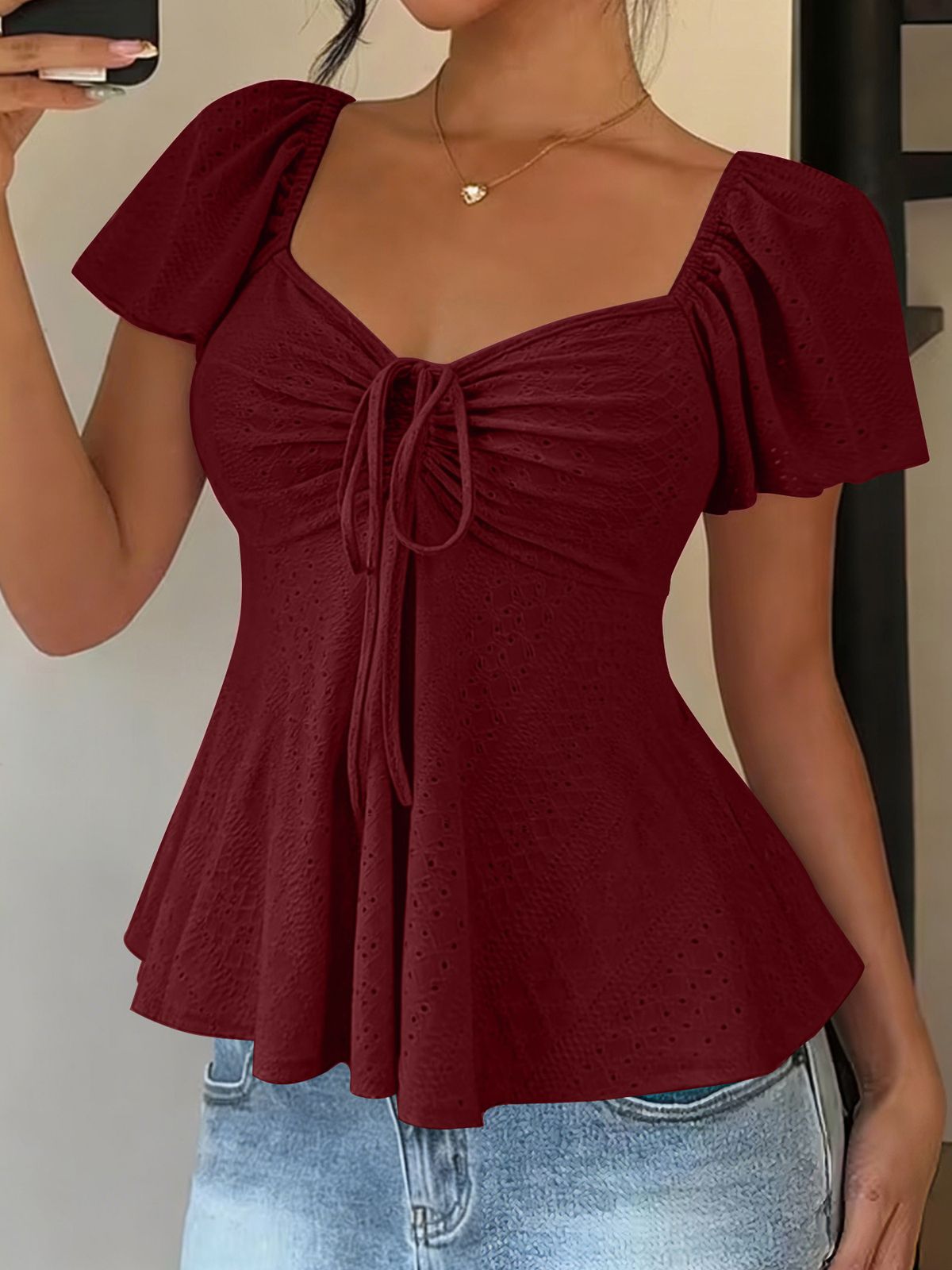 Summer New Women's V Neck Short Sleeve T-Shirt Sexy Solid Color Drawstring Top American Style_ecoleips.com