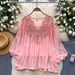 Elegant Royal Style Blouse for Women Lantern Sleeve Long Top Sheer Hollow Embroidery Chic Autumn Wear Mature Fashion_ecoleips.com