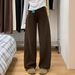 Brown Curved Hem Jeans For Women, Early Autumn Style, Plus Size, High-waisted, Loose Fit, Hip-covering, Slimming,_ecoleips.com