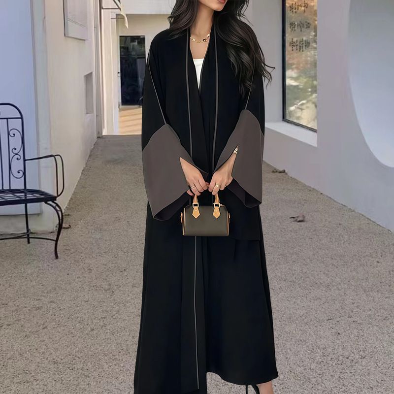 Women's Clothing Elegant Arabian Color-Block Maxi Cardigan Dress – Modest Long Robe With Contrast Panels (S-XL, Polyester Blend, Loose Fit)_ecoleips.com