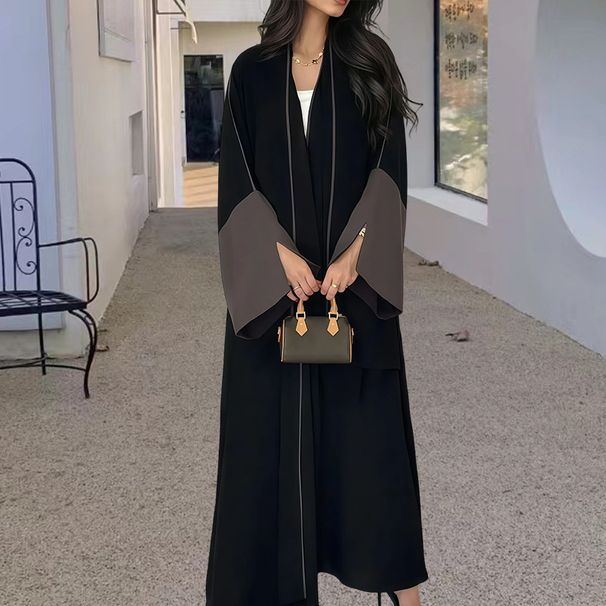 Women's Clothing Elegant Arabian Color-Block Maxi Cardigan Dress – Modest Long Robe With Contrast Panels (S-XL, Polyester Blend, Loose Fit)_ecoleips.com