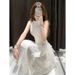 French Haute Couture Off The Shoulder Sleeveless Neck Hanging Dress For Women's Summer Waist Design, With A Sense Of_ecoleips.com