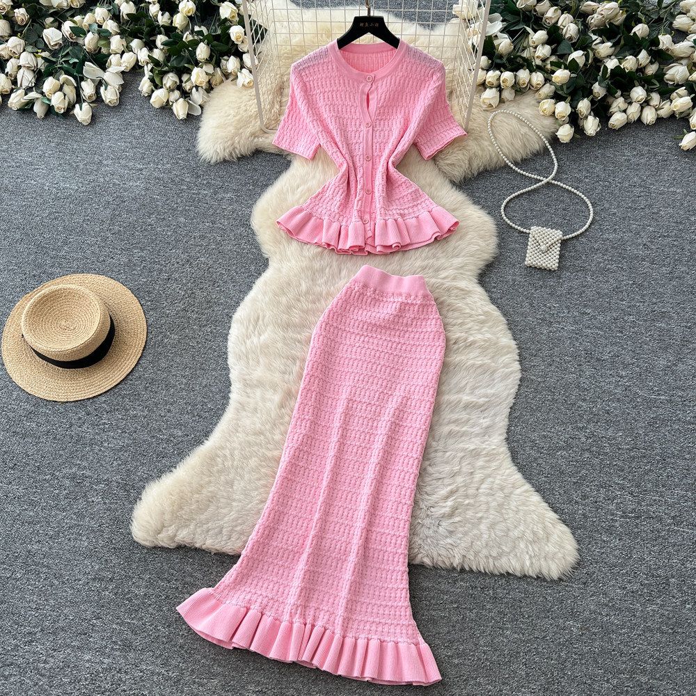 Korean Style Women's Knitted Ruffle Two Piece Set Slim Fit Elegant Summer Commuting Temperament Suit_ecoleips.com