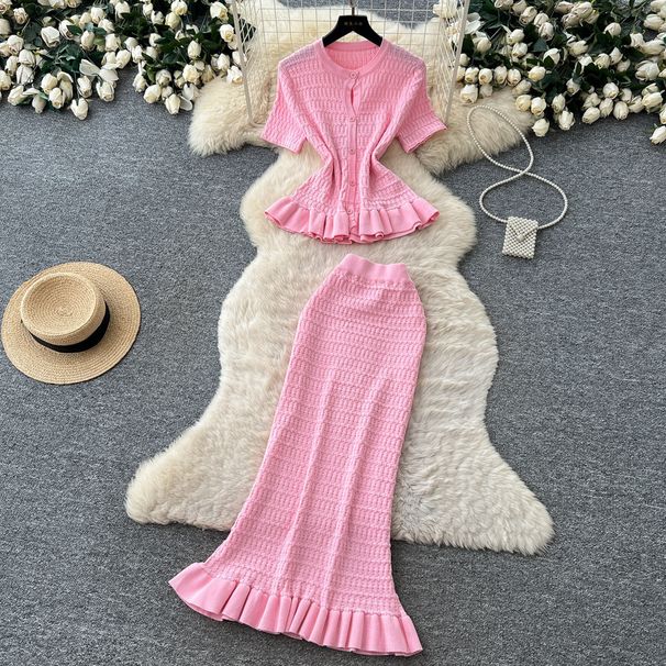 Korean Style Women's Knitted Ruffle Two Piece Set Slim Fit Elegant Summer Commuting Temperament Suit_ecoleips.com