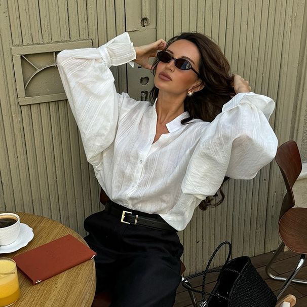 European American Clothing 2026 Summer Sweet And Fresh Loose Plus Size Stand Collar Lantern Long Sleeve Shirt Women's_ecoleips.com