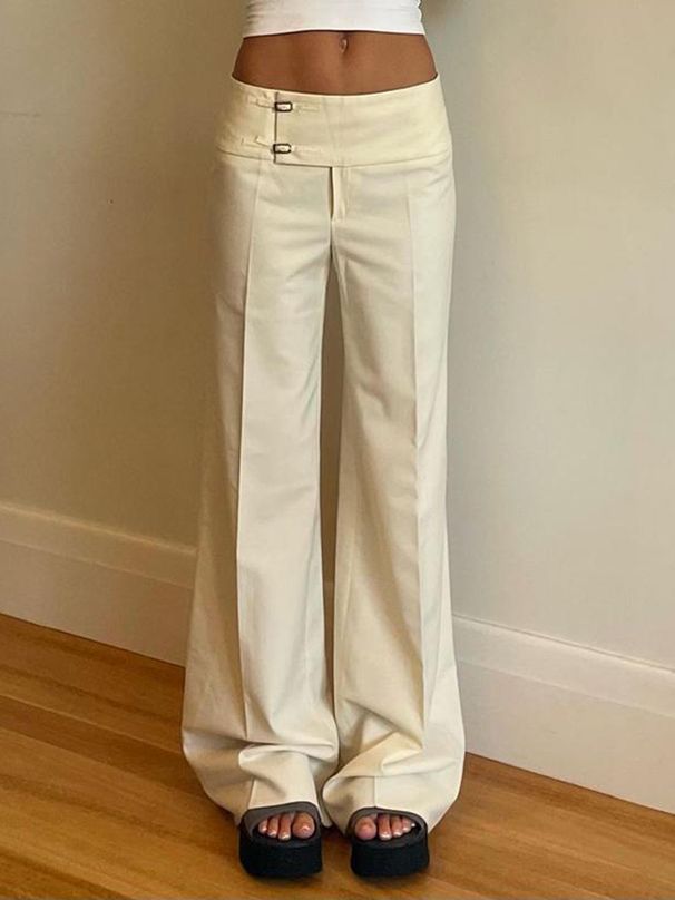 Vintage Y2K Korean Streetwear Pants Woman Low Rise Straight Loose Beige Trousers Button Up Basic 2000S Women Casual Pants_ecoleips.com