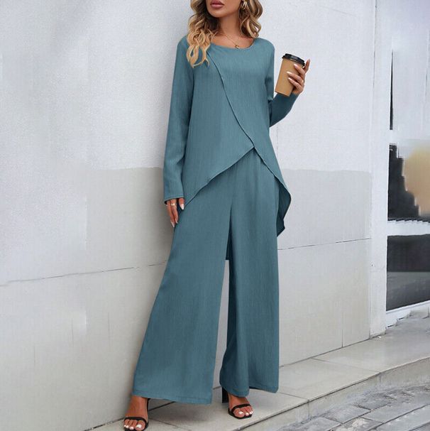 Women's Clothing Women's Long Sleeved Irregular Hem Tops With Elastic Waist And Wide Leg Trousers_ecoleips.com