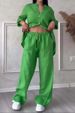 Women's Casual Cotton Linen Shirt And Wide Leg Pants Set Solid Color Drawstring Independent Station European American Style_ecoleips.com