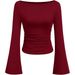 Women's Clothing Slim Fit Solid Color Boat Neck T-Shirt For Women European American Style Long Sleeve Trumpet Sleeve Pleated Slimming Top For Autumn_ecoleips.com