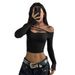 Voya Women's Black Sexy Off Shoulder Hanging Neck, European And American Spicy Girl BM Style Hollow Cross Strap Design, Niche Short Top_ecoleips.com